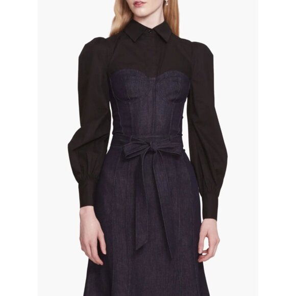 Marchesa Rosa Dark Wash Denim Layered Black Combo Collared Pencil Dress, Size 0 - Picture 1 of 8